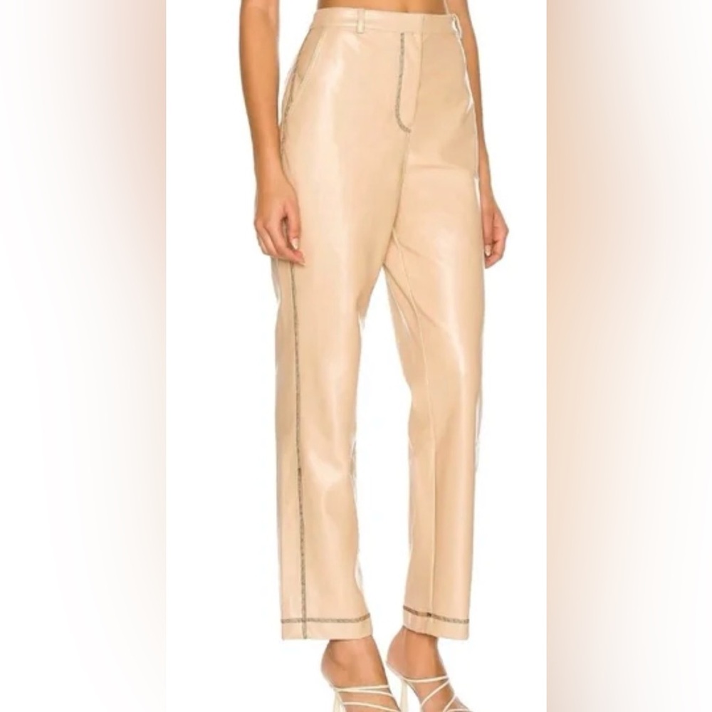 Coated camel tailored trousers, faux leather